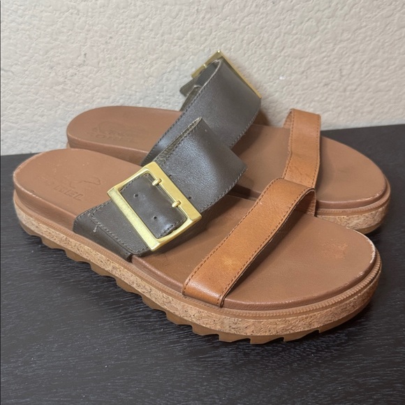 Sorel Roaring Slide Slip on Leather Sandals Black and Brown Size 7.5 - Picture 3 of 8